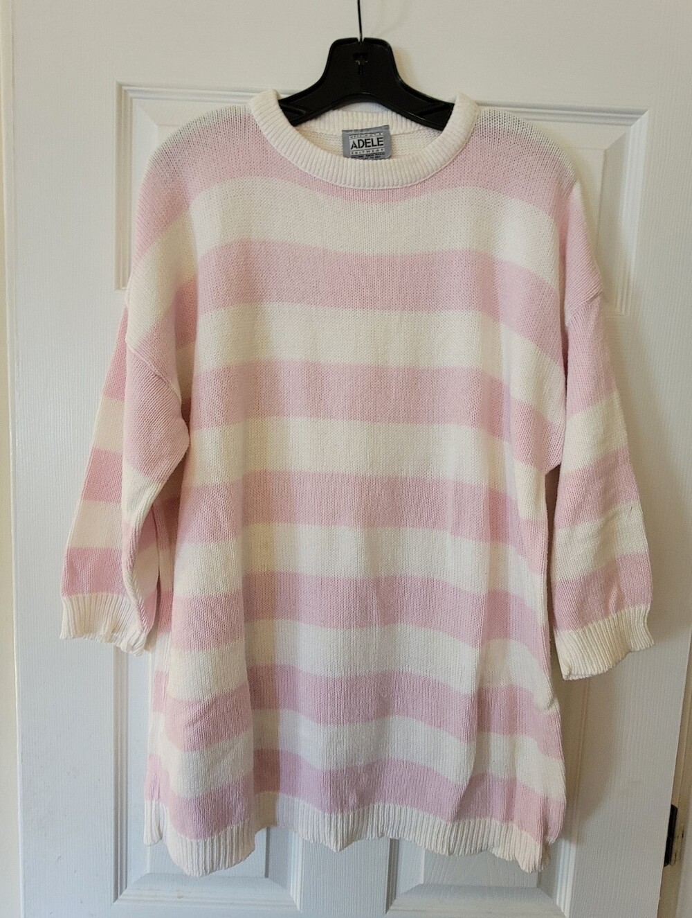 Vtg 1988 ADELE Knit sweater Top OVERSIZE Pink & White Wide Striped